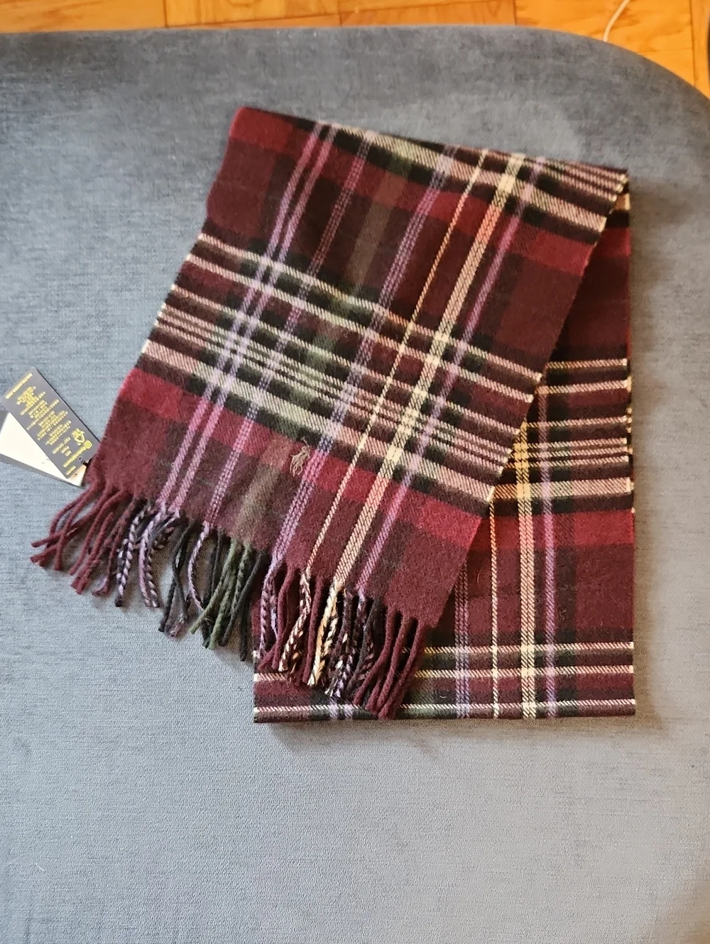Polo by Ralph Lauren Burgundy, Green & Purple Plaid Wool Fringe Scarf